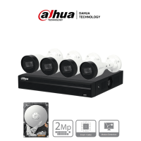 Kit IP de 4 canales con NVR con 4 puertos PoE, 1TB de almacenamiento, y 4 cámaras bullet de 2MP con IR de 30 metros y clasificación IP67 para exteriores. Ideal para una vigilancia eficiente y robusta