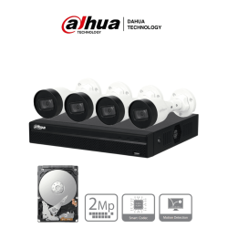Kit IP de 4 canales con NVR con 4 puertos PoE, 1TB de almacenamiento, y 4 cámaras bullet de 2MP con IR de 30 metros y clasificación IP67 para exteriores. Ideal para una vigilancia eficiente y robusta