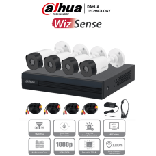 Kit de videovigilancia de 4 canales con cámaras de 2MP y DVR Cooper-I WizSense con IA y H.265+. Incluye 4 cámaras B1A21 1080p, 4 canales más 1 IP o hasta 5 canales IP, 4 canales SMD Plus, búsqueda avanzada de humanos y vehículos, y accesorios.